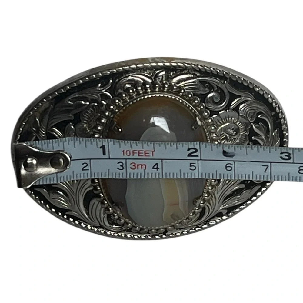 Unisex Silver-tone Western Style Oval Belt Buckle Agate Stone Cabochon
